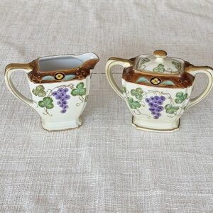 Antique Noritake Hand-Painted Grape Creamer and Sugar Bowl w/Top Set,  apan